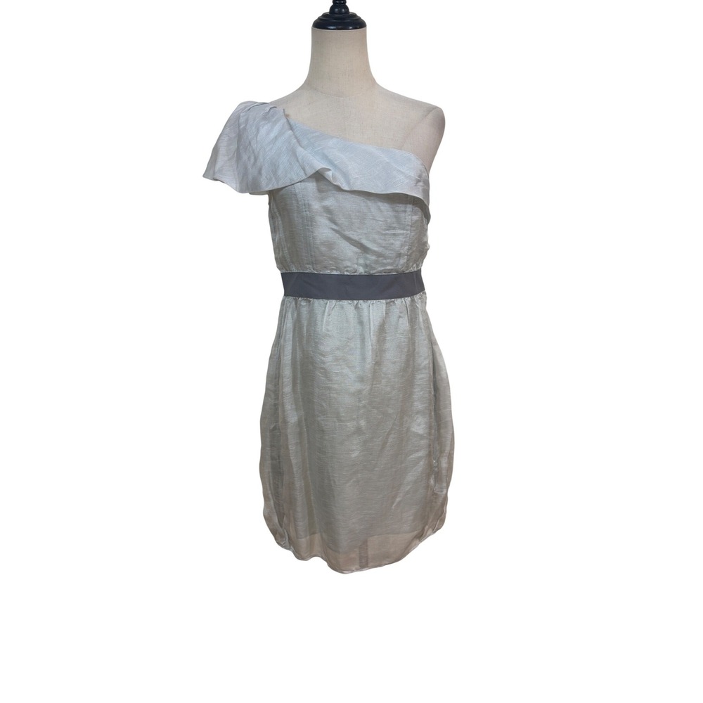 Geren Ford Cocktail Dress Size M Silver One Shoulder Silk Linen soft glam